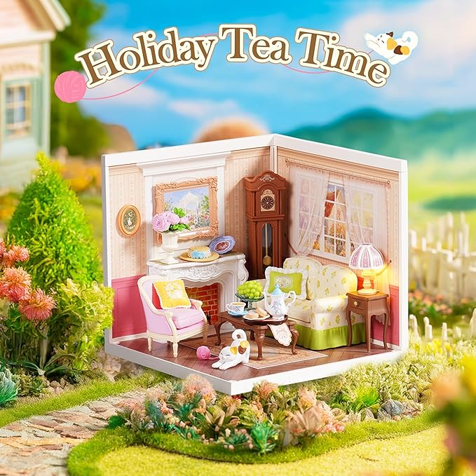 ROBOTIME Super Creator Kits, DIY Miniature House Kit with LED, Plastic Mini House, Toy Building Set for Adults, Craft for Home Decor Unique Gift (Holiday Tea Time)