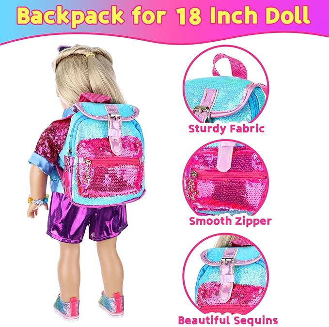 American 18 Inch Doll Clothes Set & Accessories Kit - 3-Piece Outfits with Shoes, Gradient Backpack, Hair Clip, Bracelet, Sunglasses, Toy Tablet & Phone for Kids