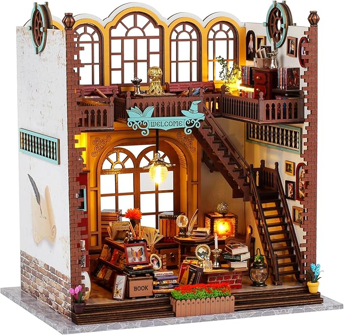 Quanquer Miniature House Kit: Magic Book Store Book Nook with Furniture and LED Light - DIY Kits for Adults - Wooden Doll House - Great Handmade Craft Model - Tiny House Decor Ideal Gifts