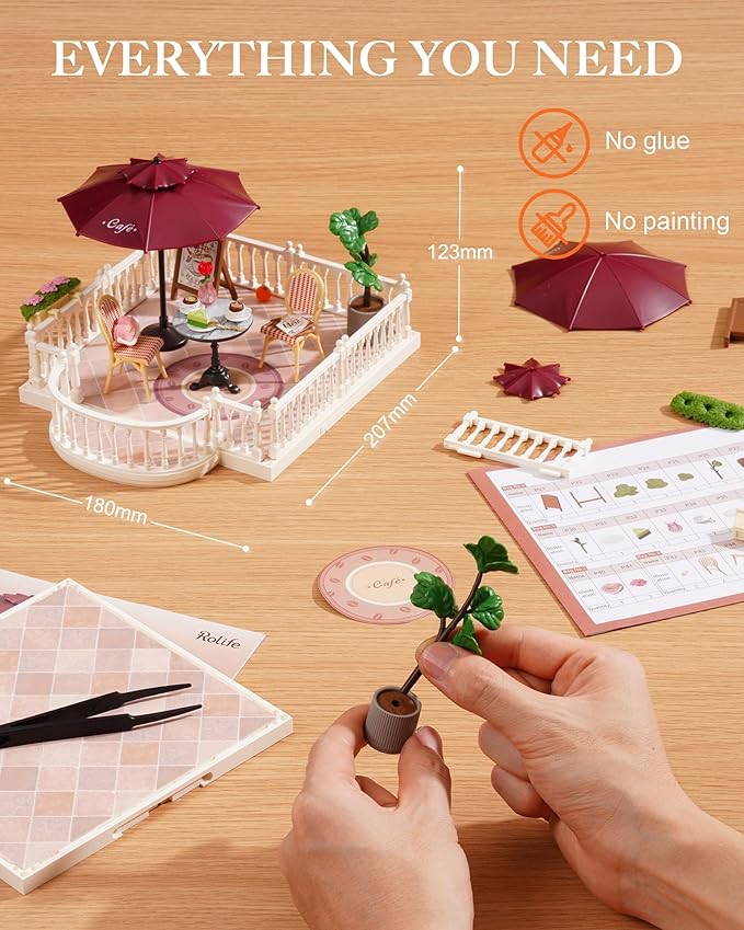 Rolife Super Creator Series Accessroies, DIY Mini Flower Garden Scenery Kit, Miniature Dollhouse Castle Building Kit's Part, Chic Café Terrace Gift for Kids Adults Women