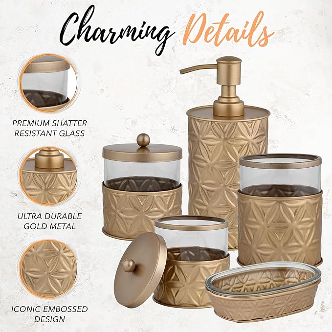 Autumn Alley Brushed Gold Bathroom Accessories Set, 5 Piece Champagne Gold Modern Bathroom Decor - Soap Dispenser, Toothbrush Holder, 2 Apothecary Jars, Soap Holder, Farmhouse Bathroom Décor