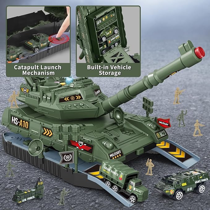 6-Piece Die-Cast Army Tank Set for Boys 3-6, with 8 Soldier Figures, Military Toys with Light & Sound, Launchable Missile Tanks