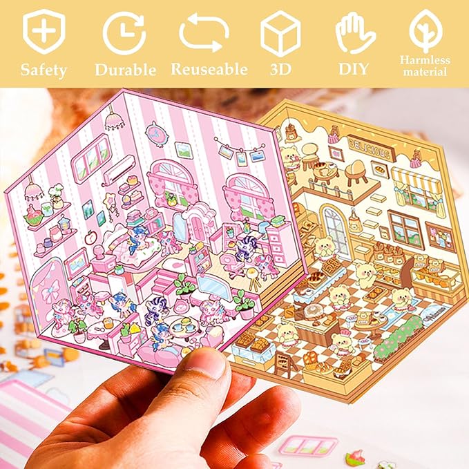 DIY 3D Sticker for Kids, Stocking Stuffer, 6 Sets of Cute Stickers for Girls Adult Isometric Sticker Scene Kids Reuseable and Waterproof Stickers, Holiday & Christmas Fun