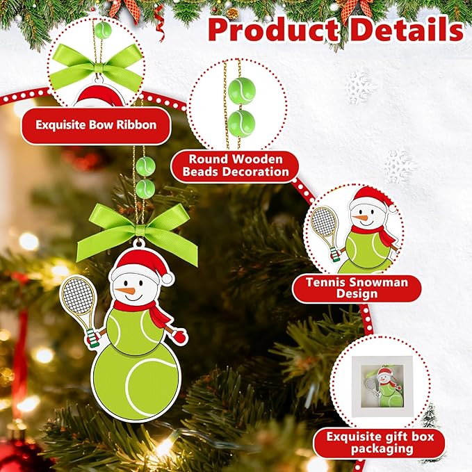 4.3 Inches Snowman Tennis Christmas Ornament, Wooden Tennis Snowman Tree Ornament Hanging Decoration for Rearview Mirror, Window, Eaves, Fireplace and Home Holiday Party Decor