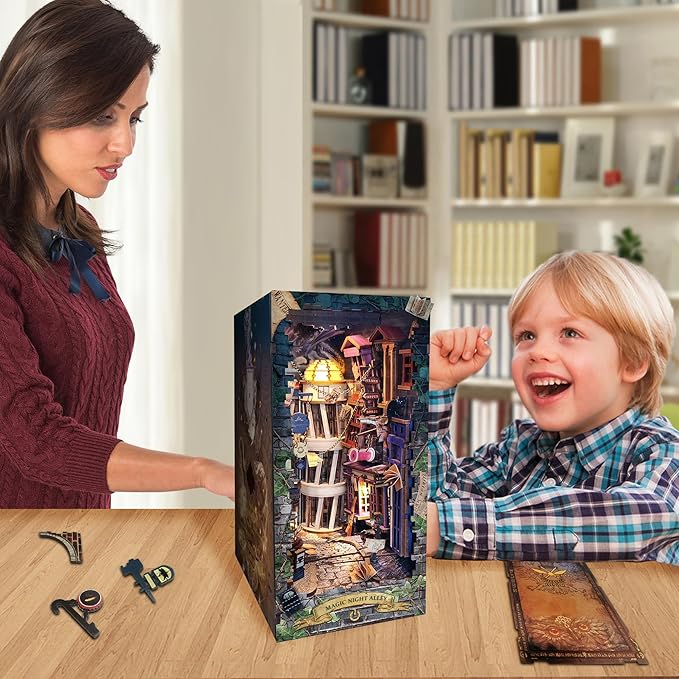 Book Nook with LED Light - 3D Puzzles for Adults, DIY Miniature House Kit, Exquisite Bookshelf Decor, Book Shelf Decor, Perfect, Dollhouse Magic Book Nooks-Magic Night Alley