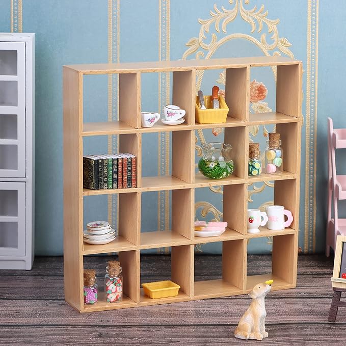 1: 12 Dollhouse Miniature Wooden Storage Rack 16 Grid Shelves Doll House Wall Rack Bookshelf Display Dollhouse Furniture Accessories