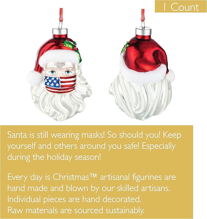 Every Day is Christmas Glass Blown Ornaments Cute Hand Made Figurines Tree Decoration, Santa American Face Mask
