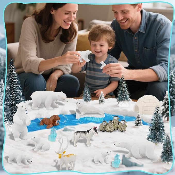 Warmtree 46 Pcs Arctic Animals Figurines Set Includes 22 Polar Bear Penguin Animals Figurines 6 Mini Pine Trees 18 Artificial Lceberg Fake Snow Ripple Water Sticker Ocean Habitat Diorama Supplies
