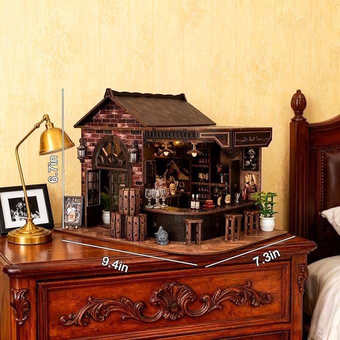 Book Nook Kit, DIY 3D Wooden Puzzle Miniature House, Vintage Pub Corner Tavern with LED Lights, Mini Dollhouse Building Kit Tiny House for Adults, Christmas Birthday Valentine's Day Gift for Family