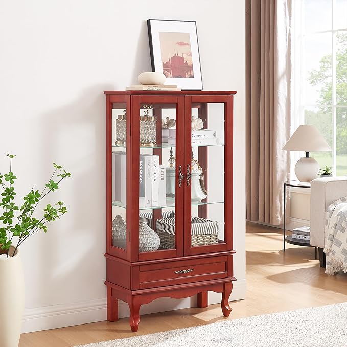 49" H Lighted Curio Display Cabinet with 2 Glass Doors & 1 Drawer, Wooden Curio Showcase w/Adjustable Shelves & Mirrored Back Panel, Wine Storage Cabinet Display Case for Living Room (Cherry)