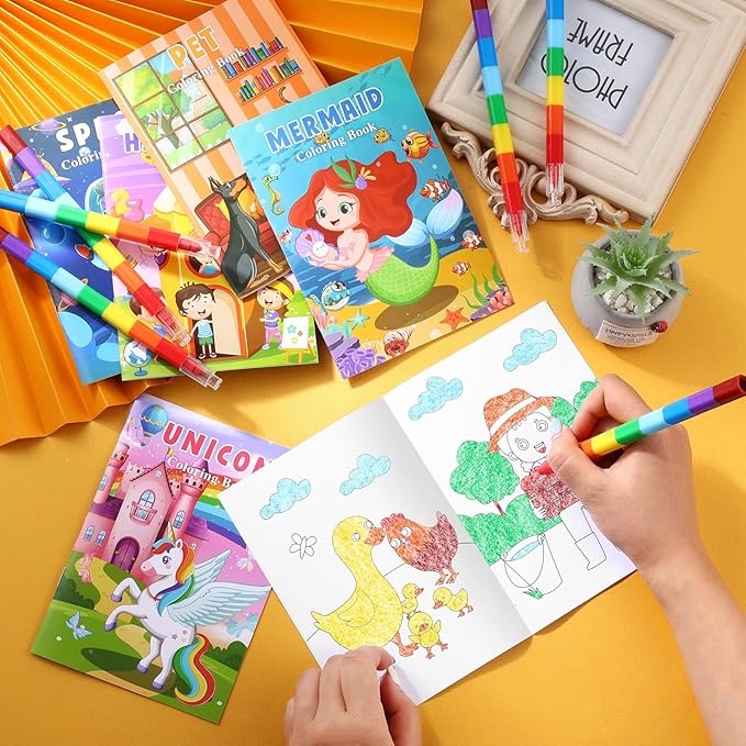 BenLouis Coloring Books for Kids With Stacking Crayons Set Mini Coloring Books Bulk for Ages 4-8-12 Small Activity Books for Birthday Party Gifts Goodie Bags Stuffers Travel（12+12Pcs Colorful）