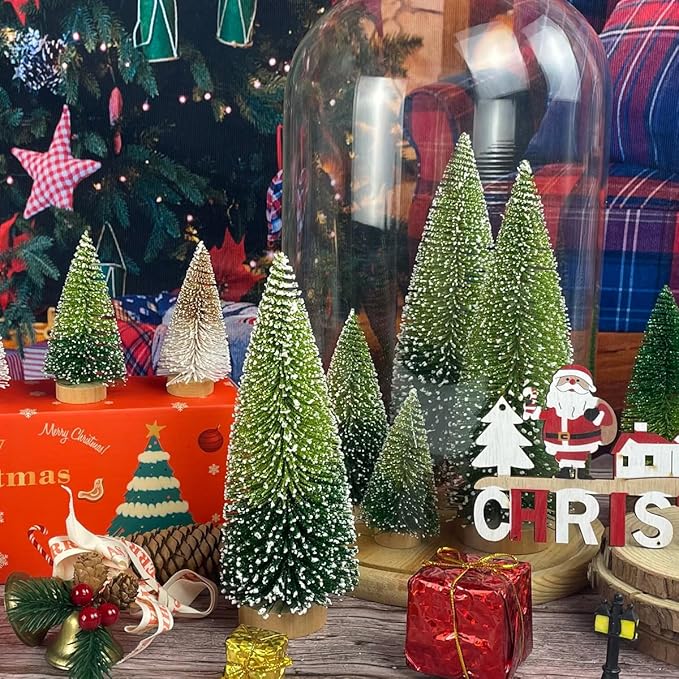 Mini Christmas Tree Bottle Brush Christmas Trees Decor for Christmas Decorations Wooden Bases (Double Green)