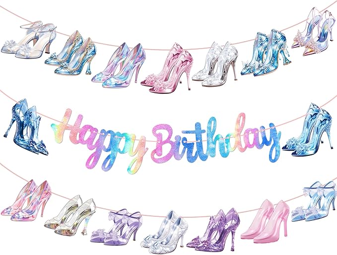 Crystal High Heel Birthday Banners Glass High Heels Birthday Party Supplies 3Pcs Diamond Shoes Banners Girls Princess Party Decor for Fashion Shoes Engagement Wedding Decoration