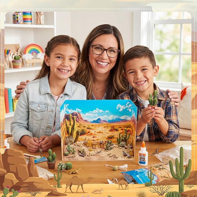 AmazingSpark 2 Set Desert Style Diorama Box and Sand Texture Sticker Decor, Desert Animals Project Supplies Set, Cardboard Display Case Kit & Cards with Double Sided Tapes for DIY Crafts