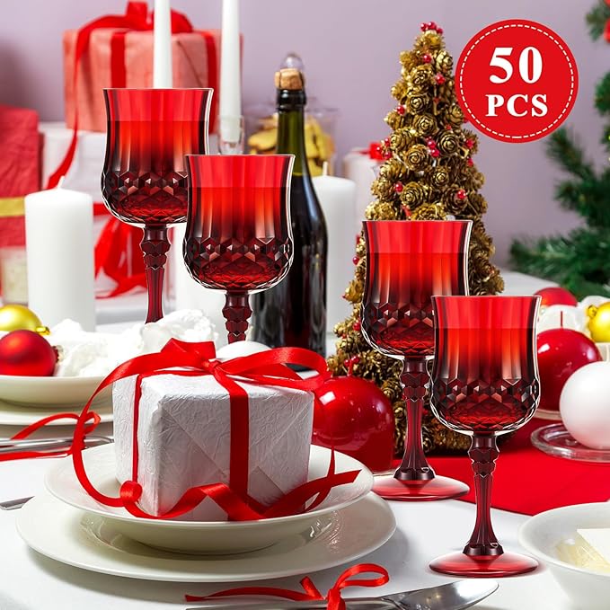 Pinkunn 50 Pcs 7 oz Plastic Vintage Wine Glasses Reusable Colored Goblets Patterned Drinking Water Glasses Cup Dishwasher Safe for Valentine's Day Wedding Reception Party Supplies (Red)