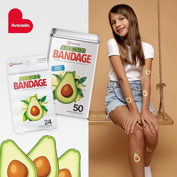 BioSwiss Bandages, Avocado Shaped Self Adhesive Bandage Set, Latex Free, Sterile Wound Care, 50 Count