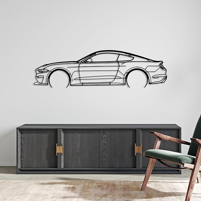 DecoSoul Mustang Metal Car Wall Art, Sports Car, Automotive Silhouette Line Decoration, Minimalist Sculpture for Garage, Indoor Outdoor Wall Hanging, Gift for Boyfriend (Black - 20 x 5.5” inch)