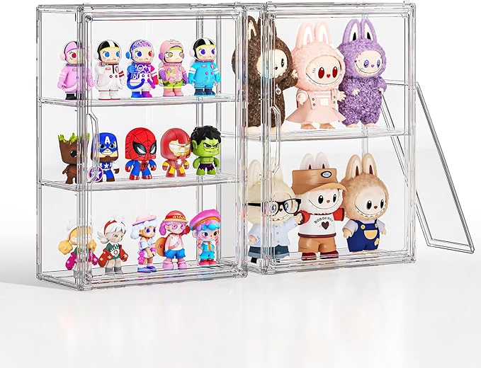 Clear 3 Tiers Acrylic Display Case for Figures Collectibles 2 Pack Wall Mounted Hobby Figurine Display Case with Shelves, Display Shelf Storage Box for Action Figures, Car Model, Funko