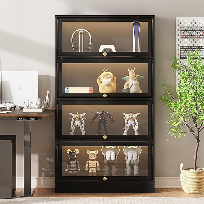 Display Cabinet with Acrylic Glass Doors,4-Tiers Curio Cabinet with LED Lighting for Collectibles, Collectibles Toy Organizers Rack & Display Shelf Display Case Storage Cabinet, Black