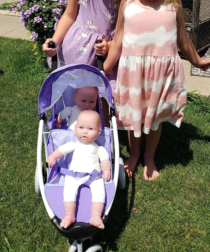 Doll Stroller Toy Anivia Realistic Twin Dolls Pram, Doll Pushchair with Shopping Basket Heart Design Gifts for Toddlers and Girls Foldable Baby Doll Stroller Toy (DA310pur)