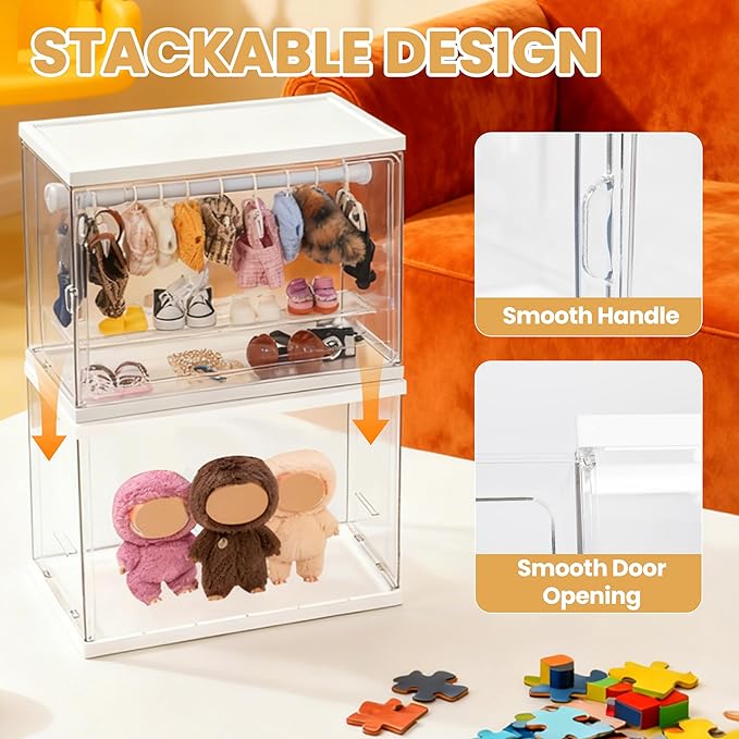 Clear Display Case Compatible with Labubu 15/17cm Doll Clothes & Accessories, Includes 10 Hangers, 1 Rod & 2 Supports, Stackable Doll Wardrobe Acrylic Organizer Shelf