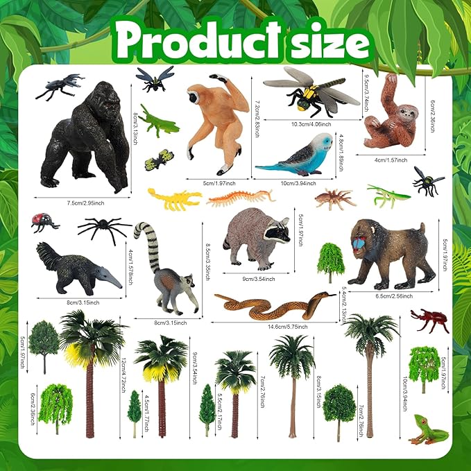 35 Pack Rainforest Animals Figures Set Animal Cake Decor Assorted Creatures Diorama Animals Model Trees for Birthday Party Favors, Piñata Fillers