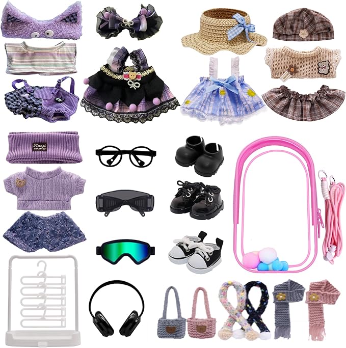 Clothes for Labubu, 24-piece Clothes and Accessories Set Designed for Labubu Doll Clothes, Includes Display Bag, Clothes Rack, Scarf, Knitted Bags, Headphones, Glasses, and Shoes Accessories - Style E