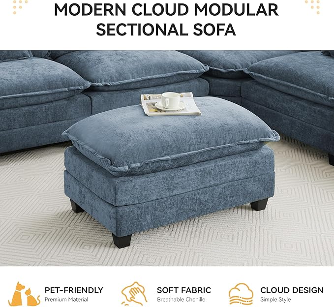 35‘’ Modern Chenille Cloud Sofa Ottoman,Rectangle Ottoman for Modular Sectional Sofa, Blue