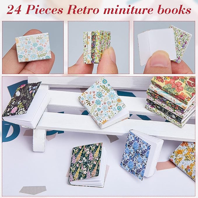 Skylety 24 Pieces 1:12 Scale Miniatures Dollhouse Books Assorted Miniatures Dollhouse Accessories Small Books Decoration Accessories Doll Toy Supplies(Floral Style)
