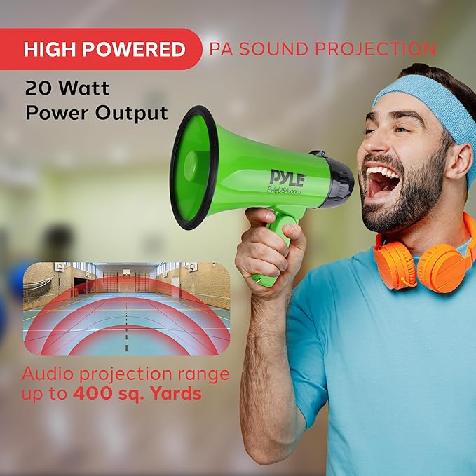 Pyle Portable Megaphone Speaker Siren Bullhorn - Compact and Battery Operated with 20 Watt Power, Microphone, 2 Modes, PA Sound and Foldable Handle for Cheerleading and Police Use - Pyle PMP22GR,Green