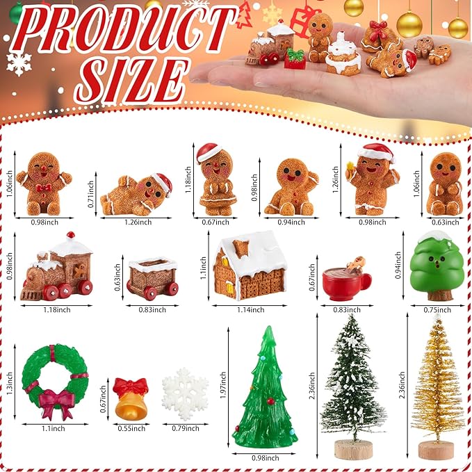 Sawysine 64 Pcs Christmas Miniatures Figurines Santa Xmas Garden Miniature Ornaments Kit Snowman Fairy Resin Ornaments Pine Tree for Garden Accessories(Gingerbread Man)