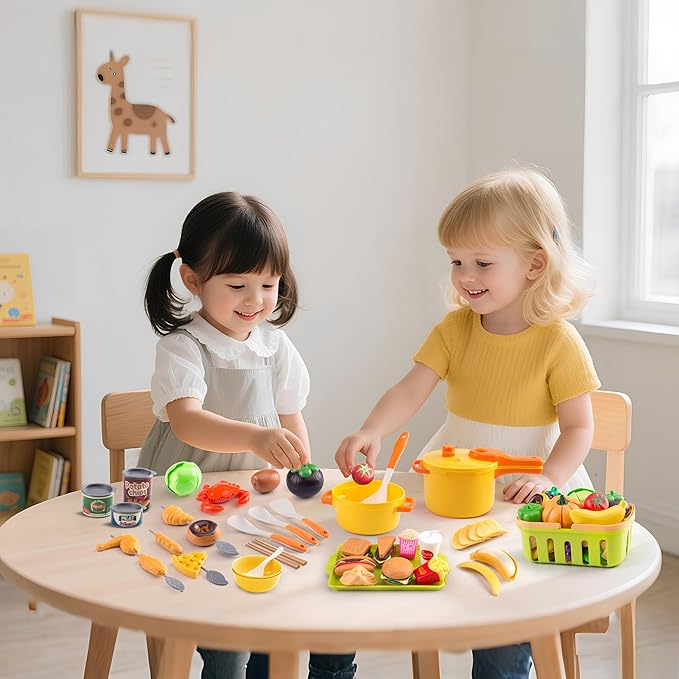 120Pcs Mini Play Kitchen Accessories, Kids Pretend Cooking Playset with Desserts, Cuttable Veggies & BBQ & Storage Basket, Educational Role-Play Gift for Toddlers, Child, Yellow