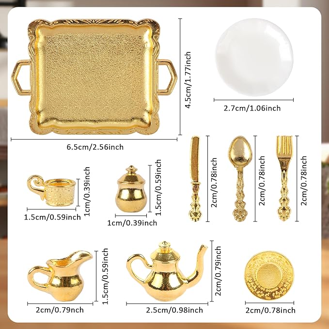 24 Pieces Mini Tea Set Golden Metal Dollhouse Miniatures Tiny Tea Set Mini Doll Plates Knife Fork Spoon for Dollhouse Furniture and Kitchen
