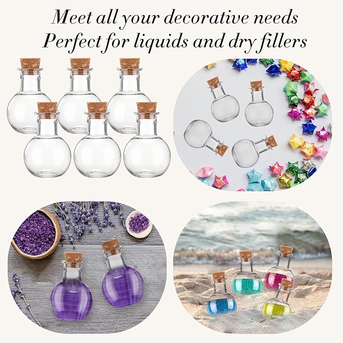 Bokon 1oz Plastic Mini Potion Bottles with Corks, Small Sand Art Jar Tiny Clear Liquor Bottles Bulk Wishing Vial for Birthday Halloween Valentines Party Favor DIY Craft(1.4x1.8 Inch,Round,50 Pack)