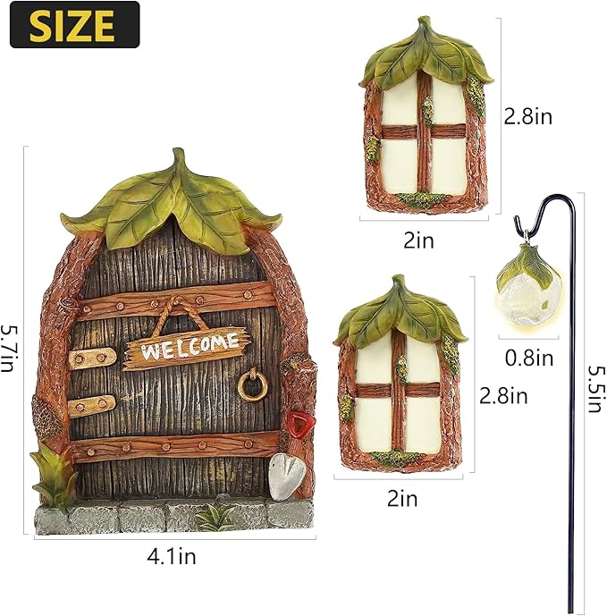 Jauay Miniature Fairy Garden Accessories Fairy Door and Windows for Trees, Glow in The Dark Yard Sculpture Lawn Ornament Mini Garden Art Outdoor Decor Accessories with Lantern