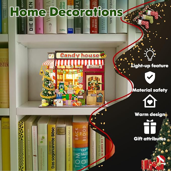 DIY Miniature House Kit, Christmas Miniature Dollhouse Kits, Tiny House with LED, Christmas Village Houses Set, 3D Wooden Puzzle Mini House, Craft Gift for Adults
