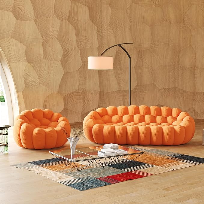 JACH 3 Seater Bubble Sofa and Single Seat Curved Couch, Comfy Upholstered Sofa, Mesh Fabric 3D Honeycomb Shape Modern Couch for Living Room, Office, Apartment, Small Space (Orange)