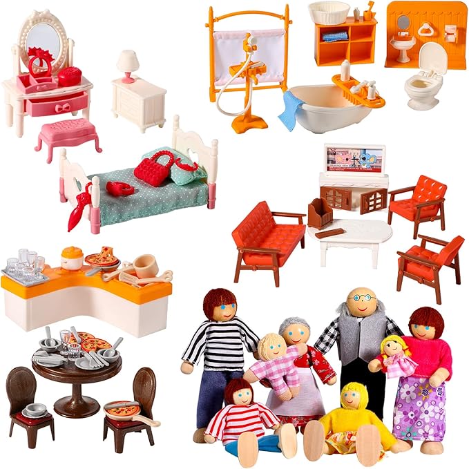 HyDren 83 Pcs Wooden Dollhouse Furniture Set with 8 Dolls Flexible Family Dolls and Fully Furnished Kitchen Living Room Bathroom Bedroom Dining Room Role Play Toys Birthday Gift for Girl Boy