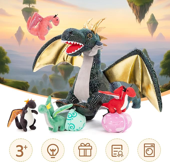 7Pcs Giant Dark Green Dragon Plush Toy, 21.7" Big Mother Dragon Stuffed Animal with 4 Babies & 2 Eggs, Stuffed Dinosaurs for Kids Boys Girls, Cute Soft Plushies Gift for Birthday Christmas