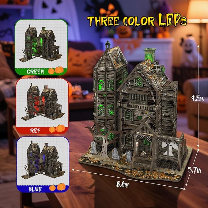 3D Wooden Puzzle Haunted House Model Set - Miniature Haunted House Kits with Led Accessories Furniture, Suitable for Adults and Teenagers to DIY Halloween Horror Doll House Craft Gifts.