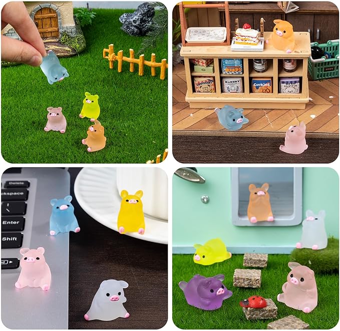 48 Pcs Luminous Mini Resin Pigs Tiny Animals Miniature Pig Figures Glow in The Dark for DIY Garden Dollhouse Pig Figurines Accessories Micro Landscape Aquarium Party Decor