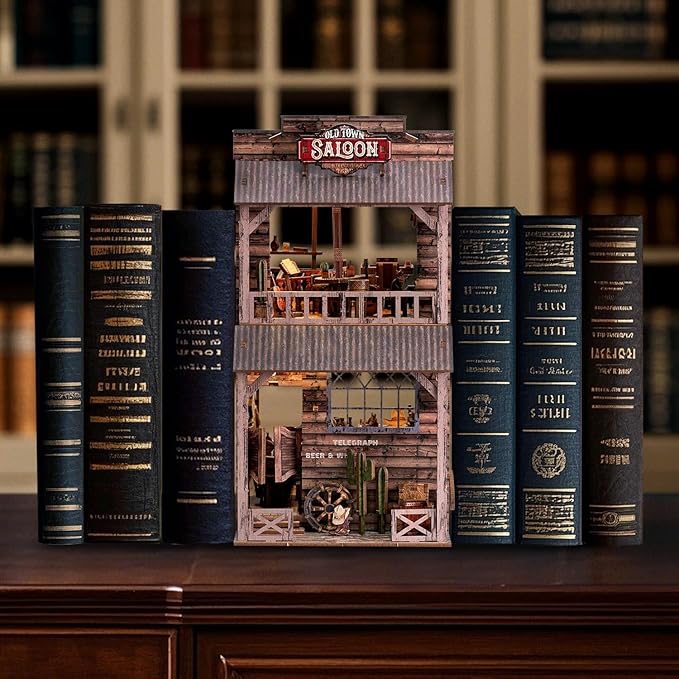 Book Nook Kit - DIY Miniature House & Dollhouse Alley Model Kit, Puzzle Bookshelf Library Decor with LED Light, Craft Gift for Adults, Teens, and Family(Old Town Saloon)