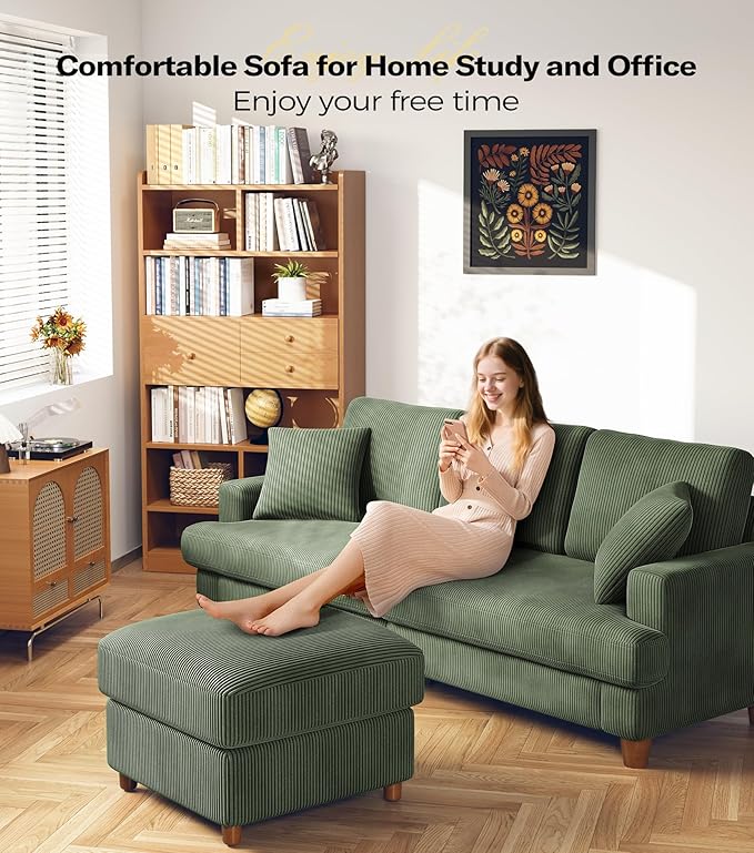 87in Corduroy Couch, Kidirect Sofa No Tool Assembly, Comfy Couches for Living Room 21in Deeper Seats, Corduroy Sofas for Living Room with 2 Pillows, Oversized Loveseat Sofa, Boho Love Seat Olive Couch