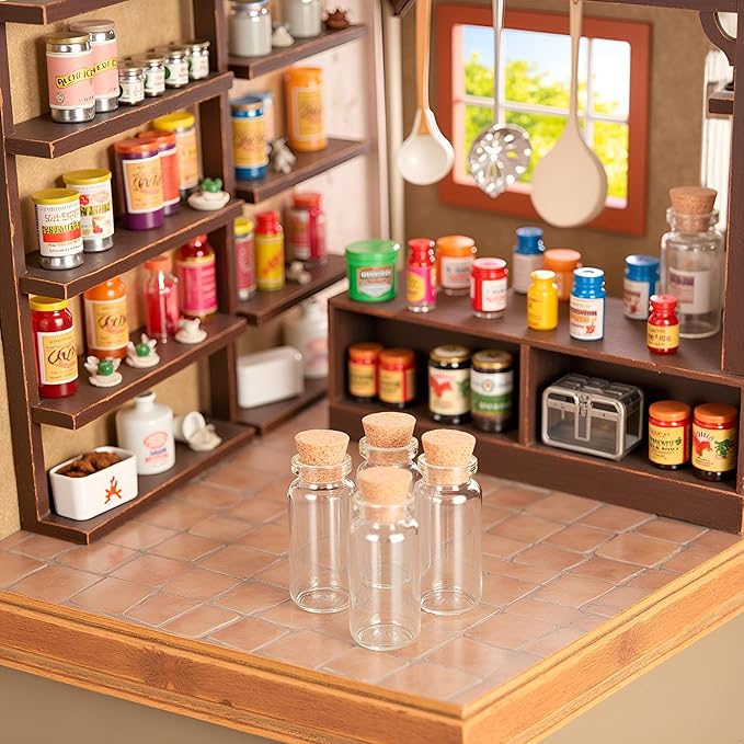10Pcs Dollhouse Glass Jars Miniature: 1/12 Scale Glass Bottles Food Container for Kitchen Restaurant - Mini Canister Empty with Cork，Dollhouse Decor，Dollhouse DIY Accessories