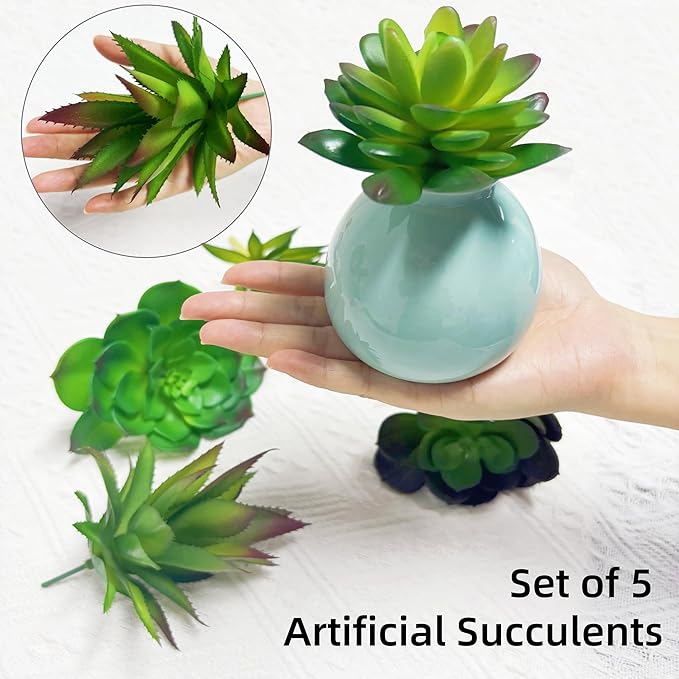 Hecaty 5 Pcs Faux Succulents Set, Realistic Fake Succulents, Artificial Hanging Ornaments Fleshed Plant Textured for Home Garden Wedding Party Spring Decoration (Green)