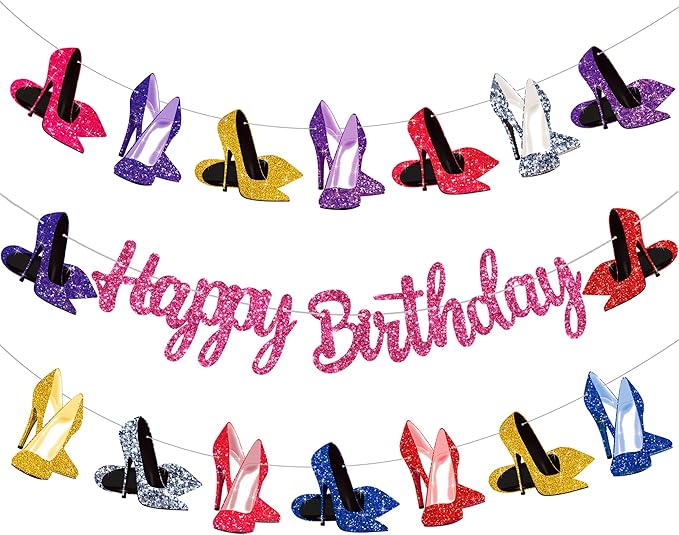 High Heel Theme Banners Rose Gold High Heel Birthday Decorations Girls Birdal Shower Wedding Party Supplies Stiletto Shoes Party Favor Banners for Women Birthday Decor