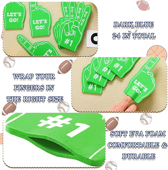 Sinmoe 24 Pcs Mini Foam Finger Baseball Fan Mini Foam Finger, We're #1 Sports Themed Party Supplies for Baseball Hockey Football Basketball Events Team Gifts(Green)