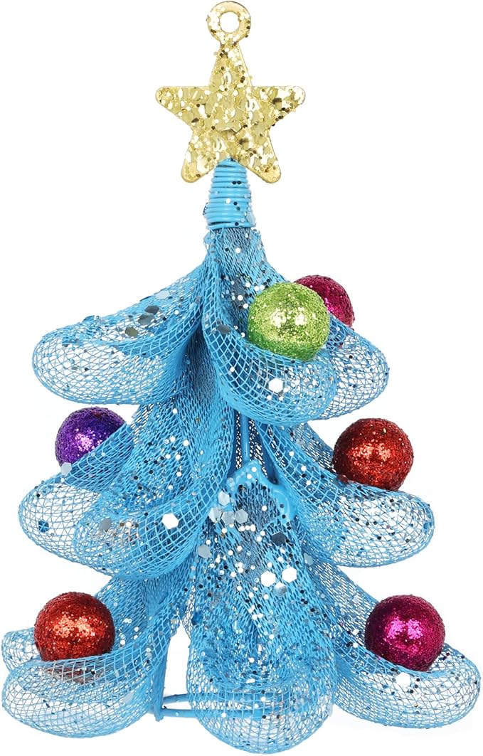 XMIAOX Mini Metal Christmas Tree, 5.9" Handcrafted Wire Mesh Tree Tabletop Hanging Ornament with Star Tree Topper & Colorful Glitter Balls, Sparkling Holiday Decoration for Desk, Shelf & Home Décor