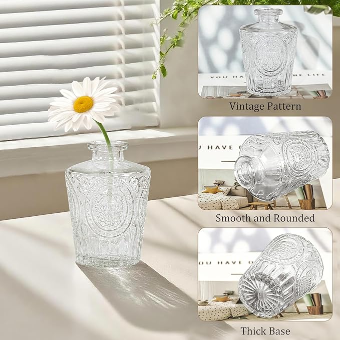 6Pcs Glass Bud Vase Set,Small Flower Vase for Tables Centerpieces Decor, Mini Vintage Clear Vase for Home,Wedding,Party Decorations