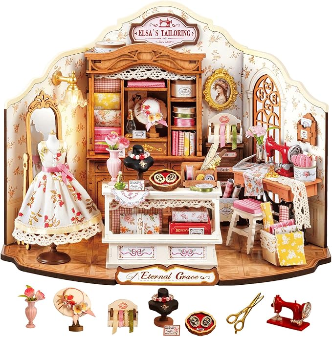 Rolife DIY Miniature House Kit Elsa's Tailoring 1:18 Scale Dollhouse Diorama, Tiny House Building Kit Vintage Tailor Shop Crafts for Adults Home Decor Gift for Adults